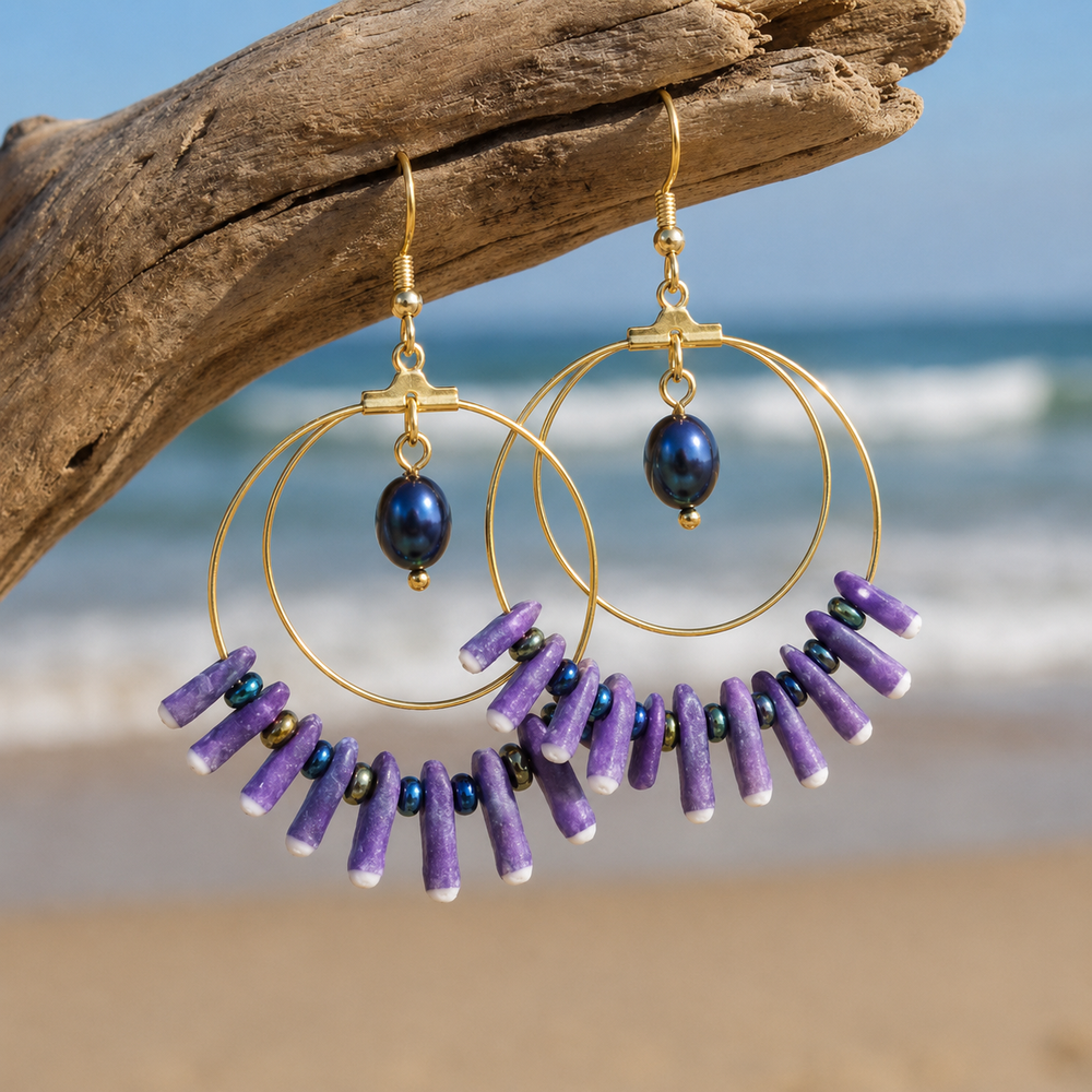 Boucles d'oreilles Miss Purple — Créoles Oursin Violet & Perle