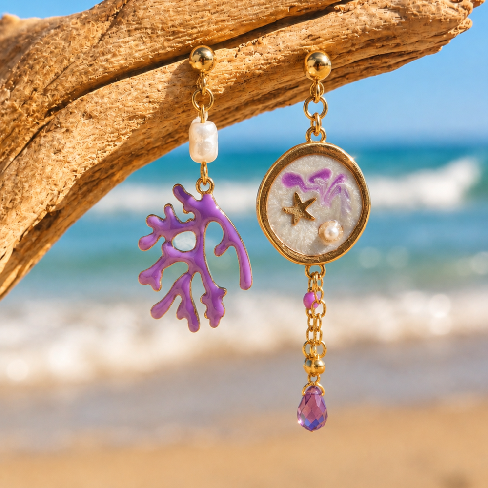 Boucles d'oreilles Asymétriques Coralia — Corail Violet & Émail