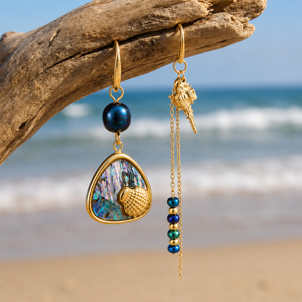Boucles d'oreilles Asymétriques Emma — Nacre Abalone & Chaînes Irisées